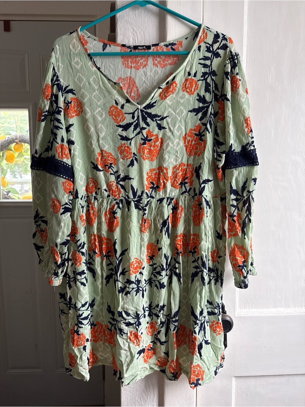 mark. Mint Green Floral V-Neck Tunic with Orange and Navy Print
